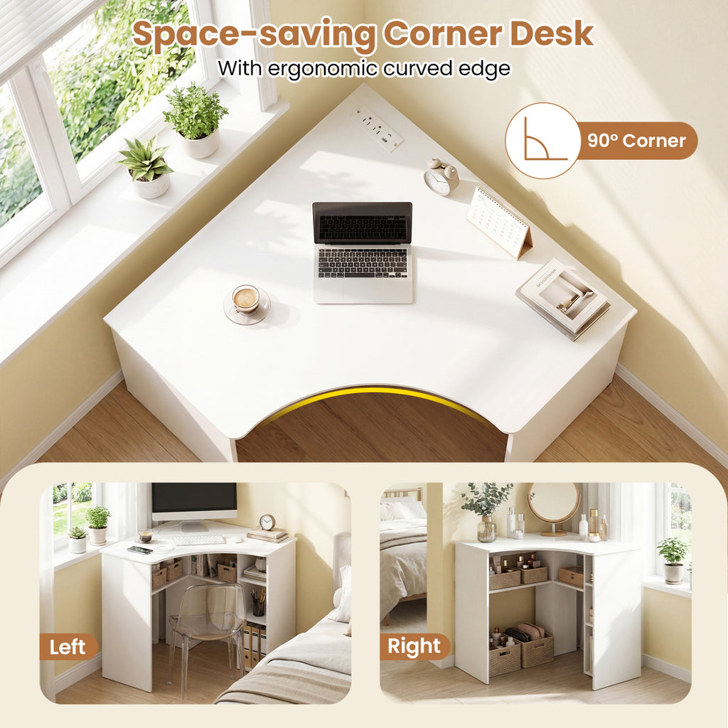 Corner Computer Desk Triangle Home Office Desk with Adjustable Shelf and Arc-Shaped Profile-White
