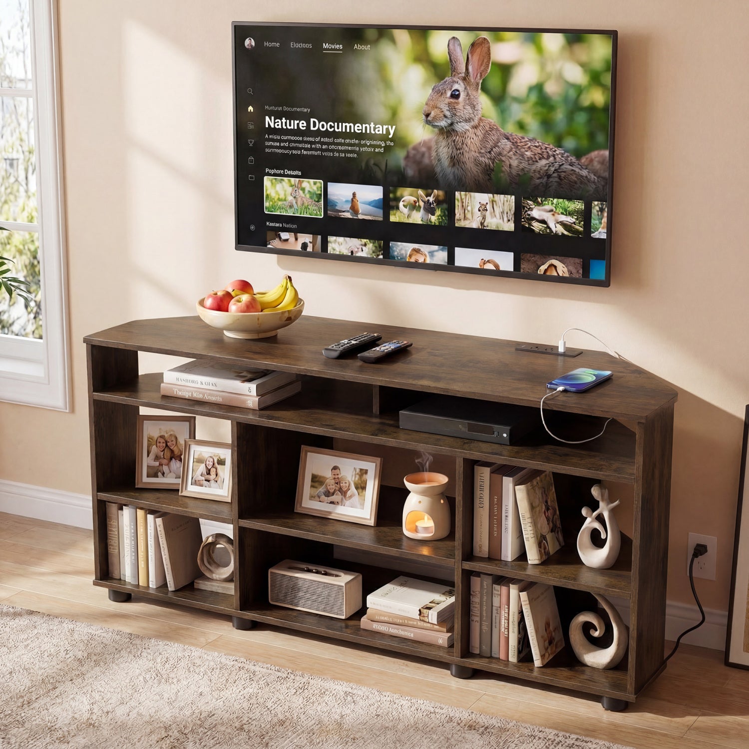 Corner Entertainment Center TV Stand for TVs up to 55 Inch-Rustic Brown