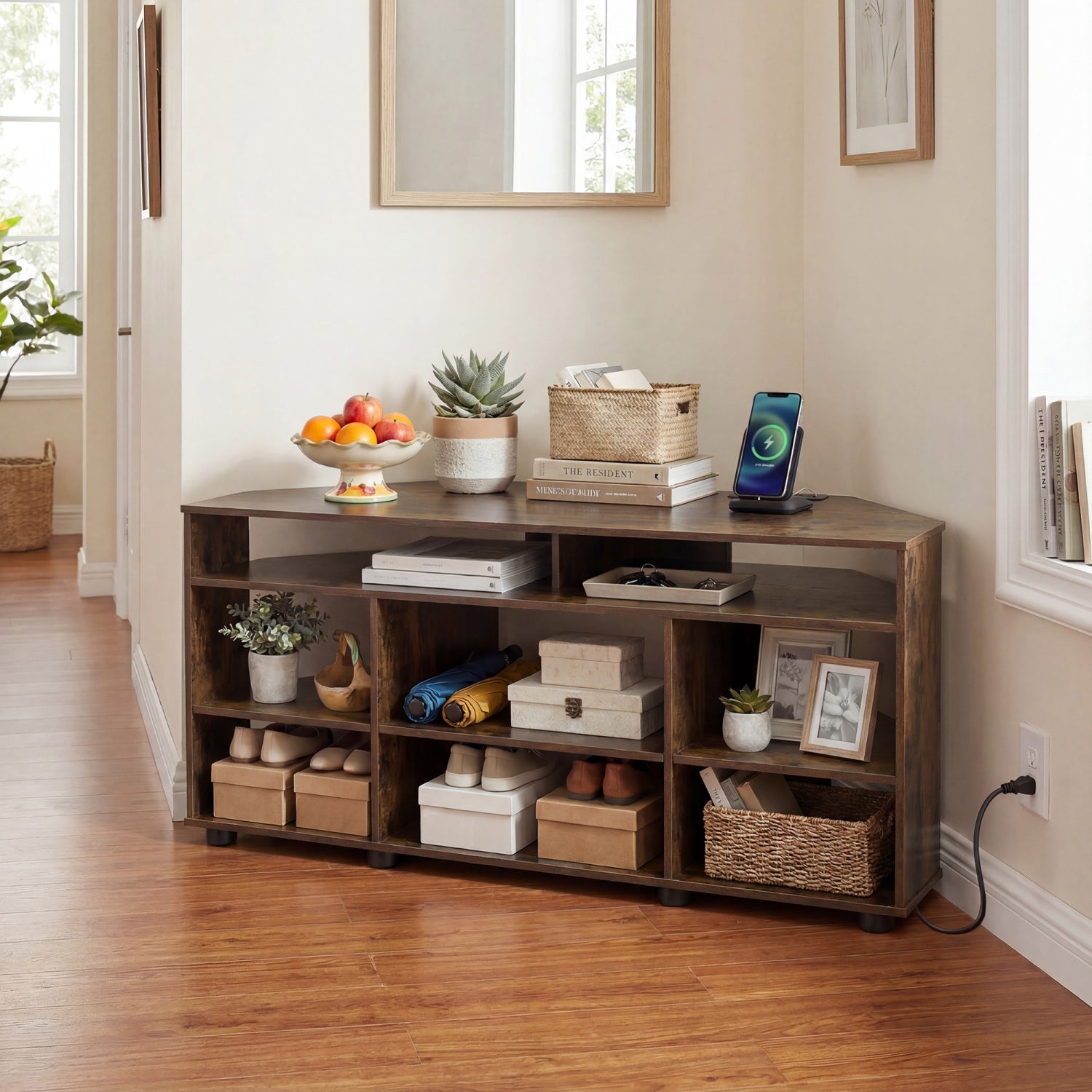 Corner Entertainment Center TV Stand for TVs up to 55 Inch-Rustic Brown