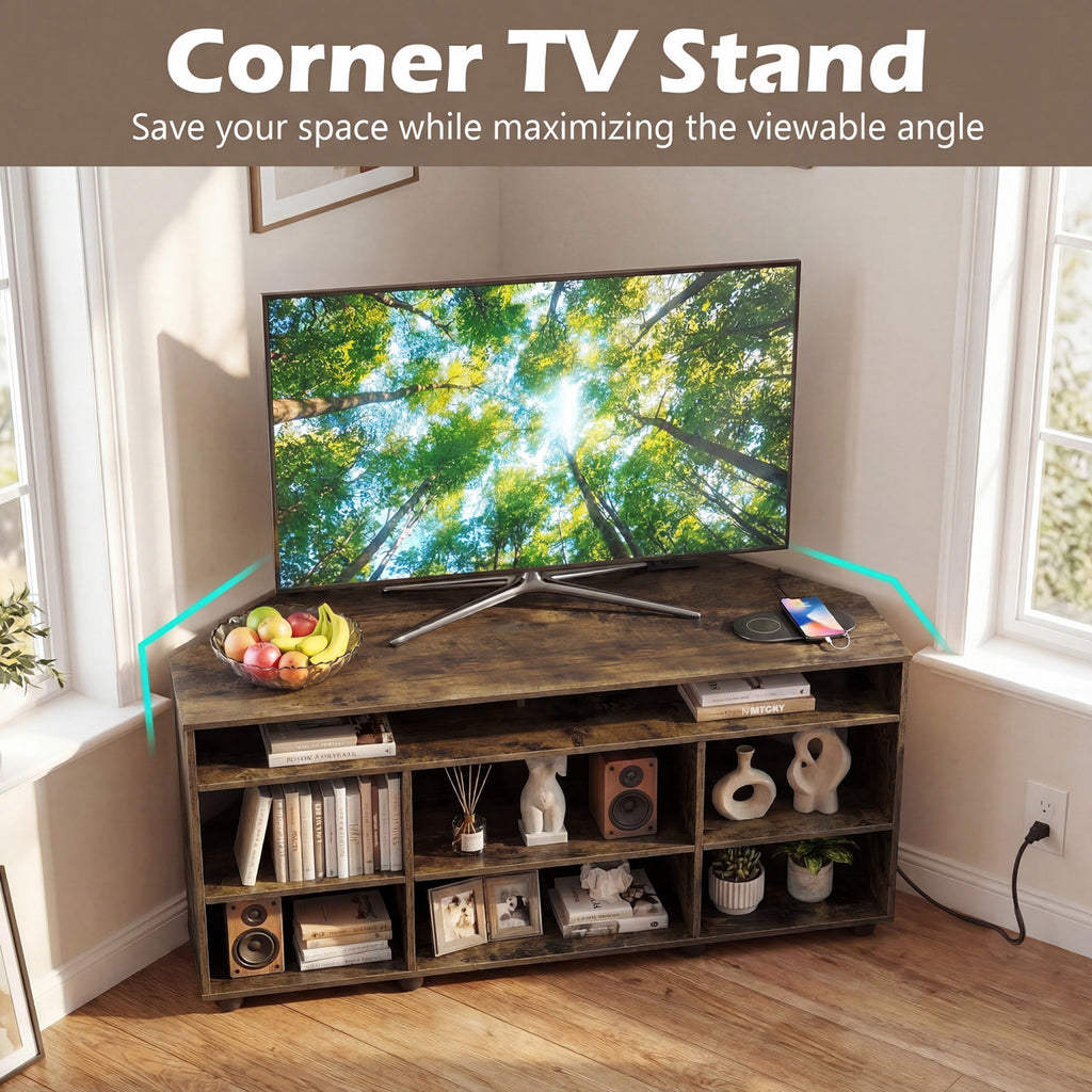 Corner Entertainment Center TV Stand for TVs up to 55 Inch-Rustic Brown