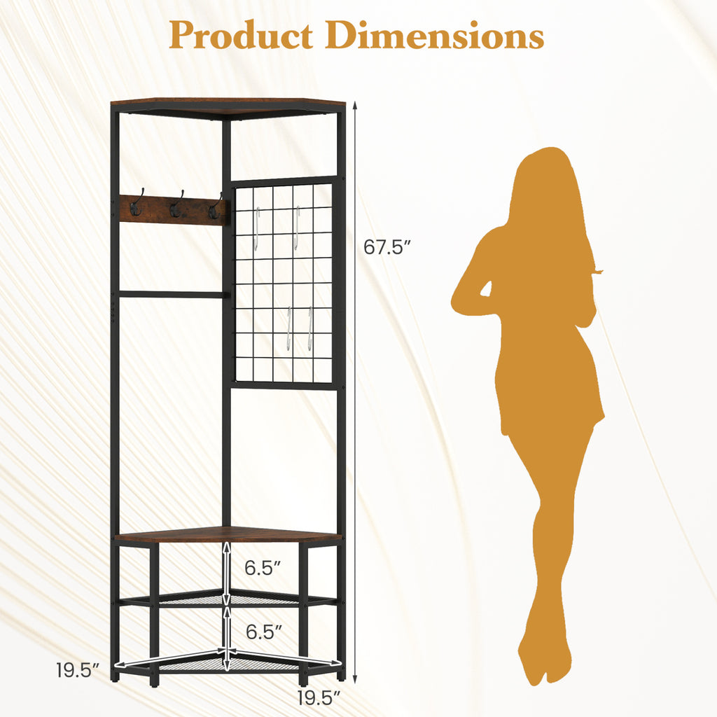 Corner Hall Tree Freestanding Coat Rack with Storage Shelves Removable Hooks-Brown
