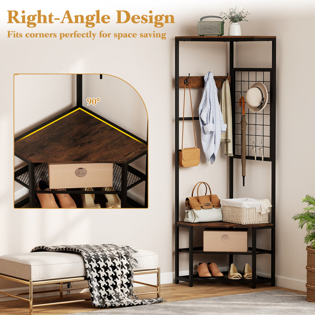 Corner Hall Tree Freestanding Coat Rack with Storage Shelves Removable Hooks-Brown