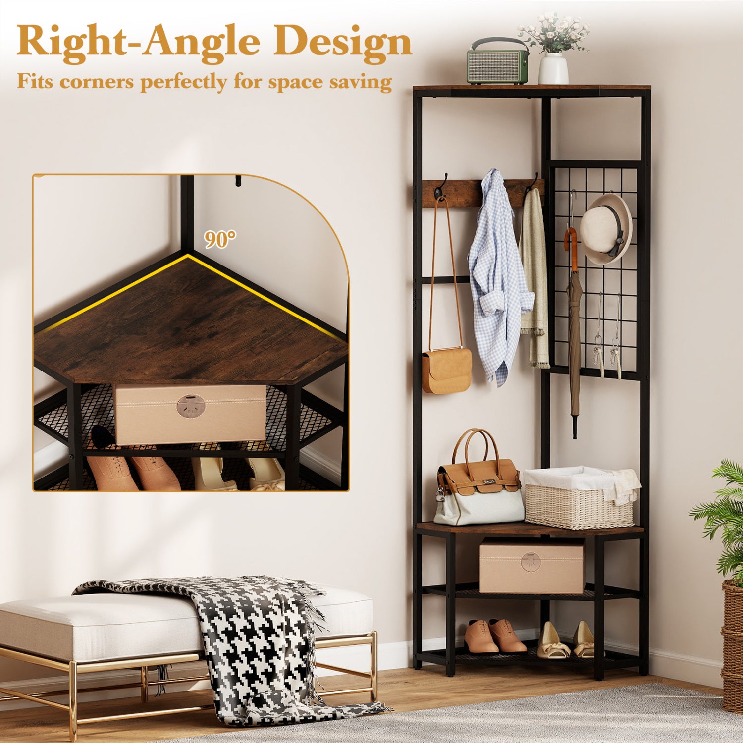 Corner Hall Tree Freestanding Coat Rack with Storage Shelves Removable Hooks-Brown