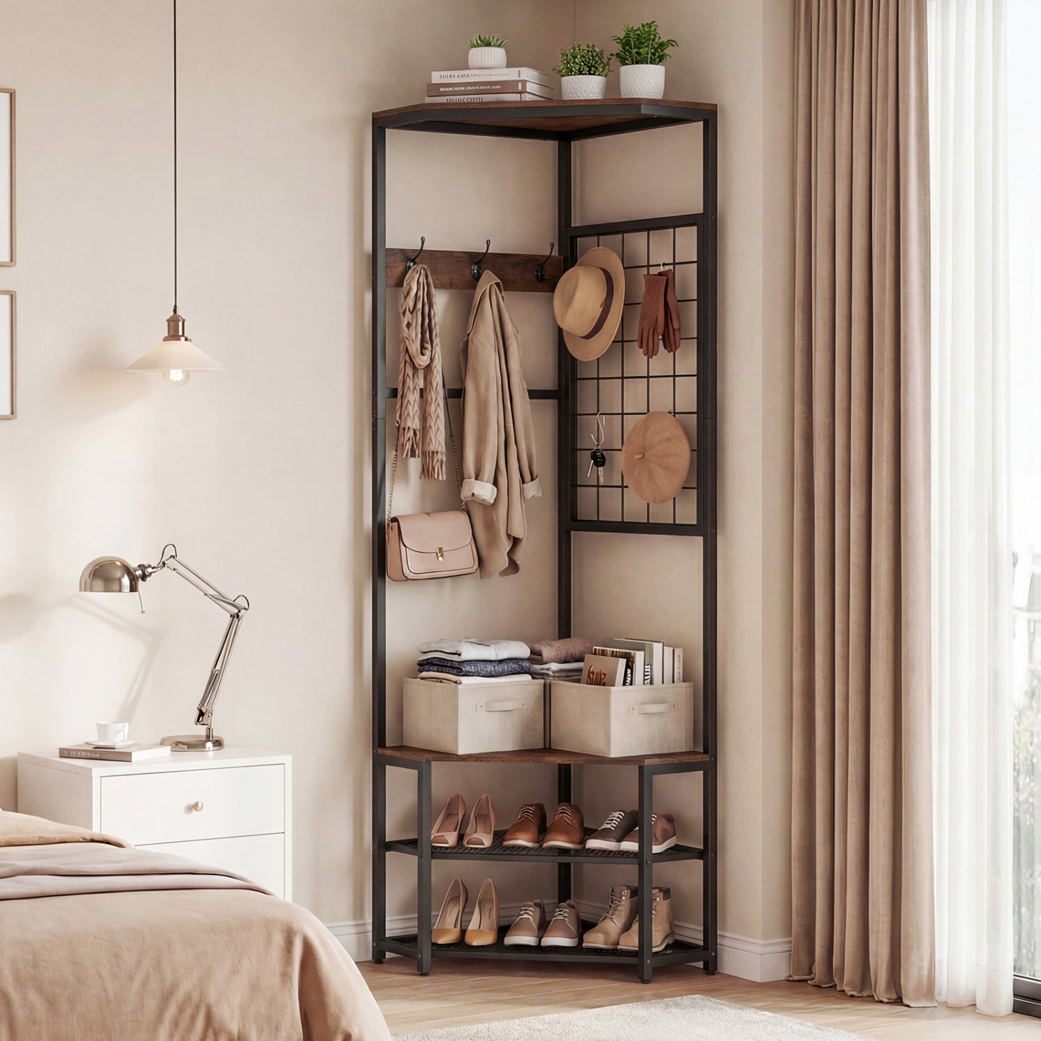 Corner Hall Tree Freestanding Coat Rack with Storage Shelves Removable Hooks-Brown