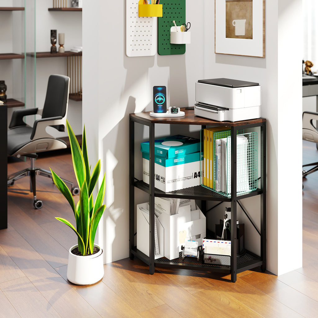 Corner Printer Stand with Power Outlet 3-Tier Storage Rack with Adjustable Shelf-Brown