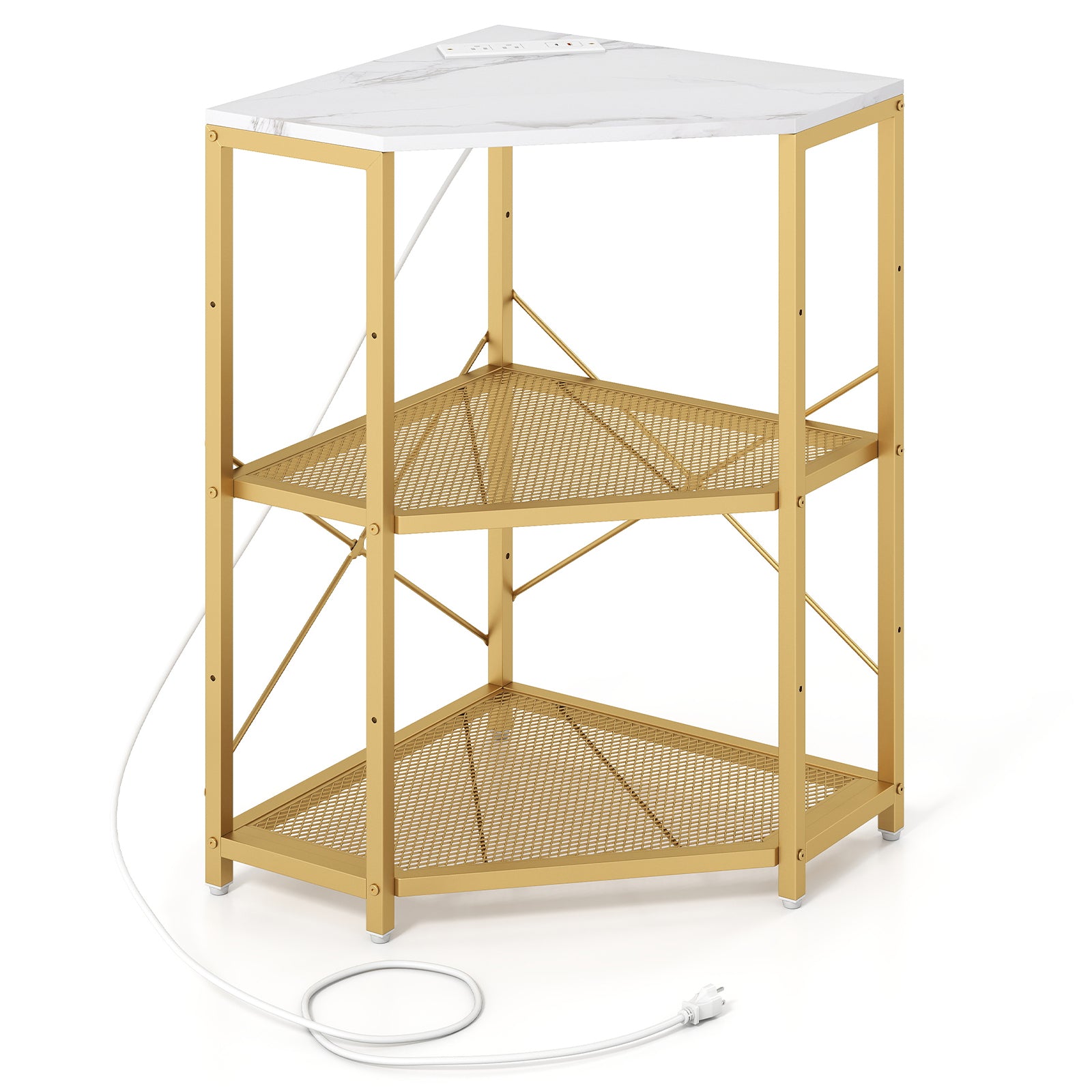 Corner Printer Stand with Power Outlet 3-Tier Storage Rack with Adjustable Shelf-White