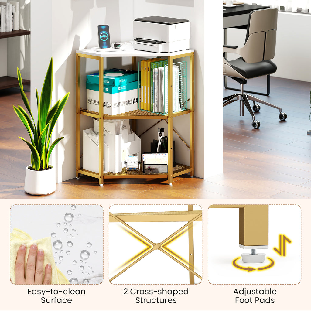 Corner Printer Stand with Power Outlet 3-Tier Storage Rack with Adjustable Shelf-White