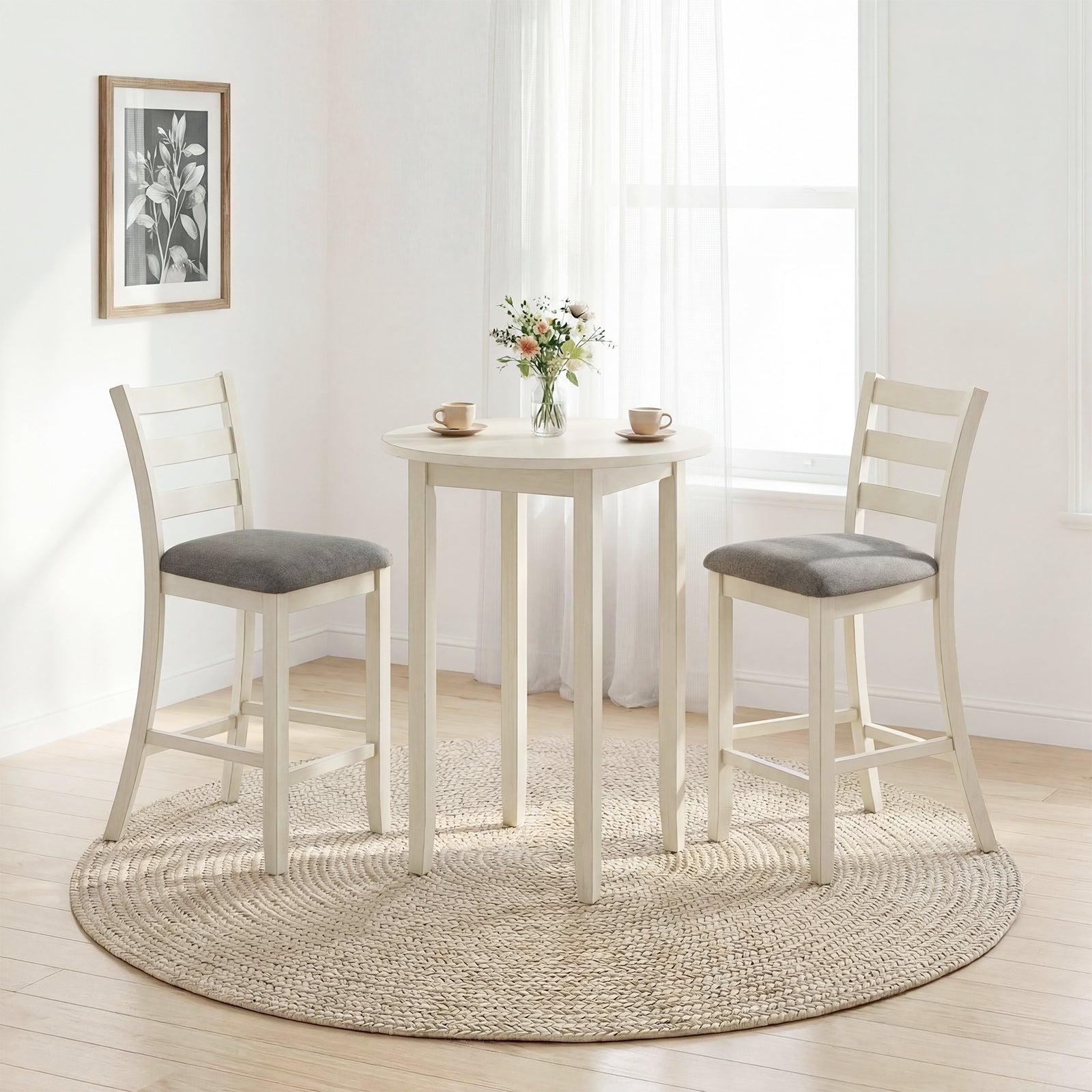 Counter Height Chairs with Fabric Seat and Rubber Wood Legs-Beige