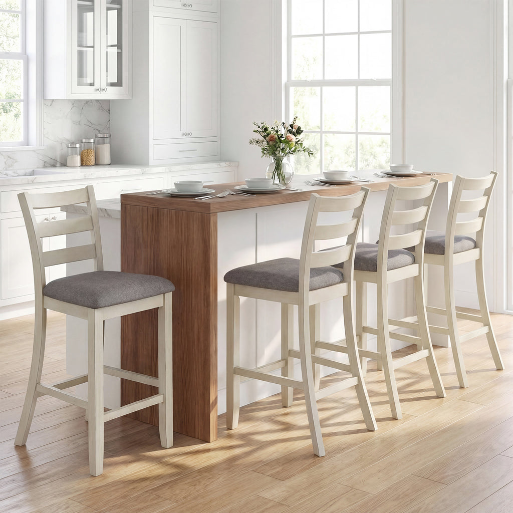 Counter Height Chairs with Fabric Seat and Rubber Wood Legs-Beige