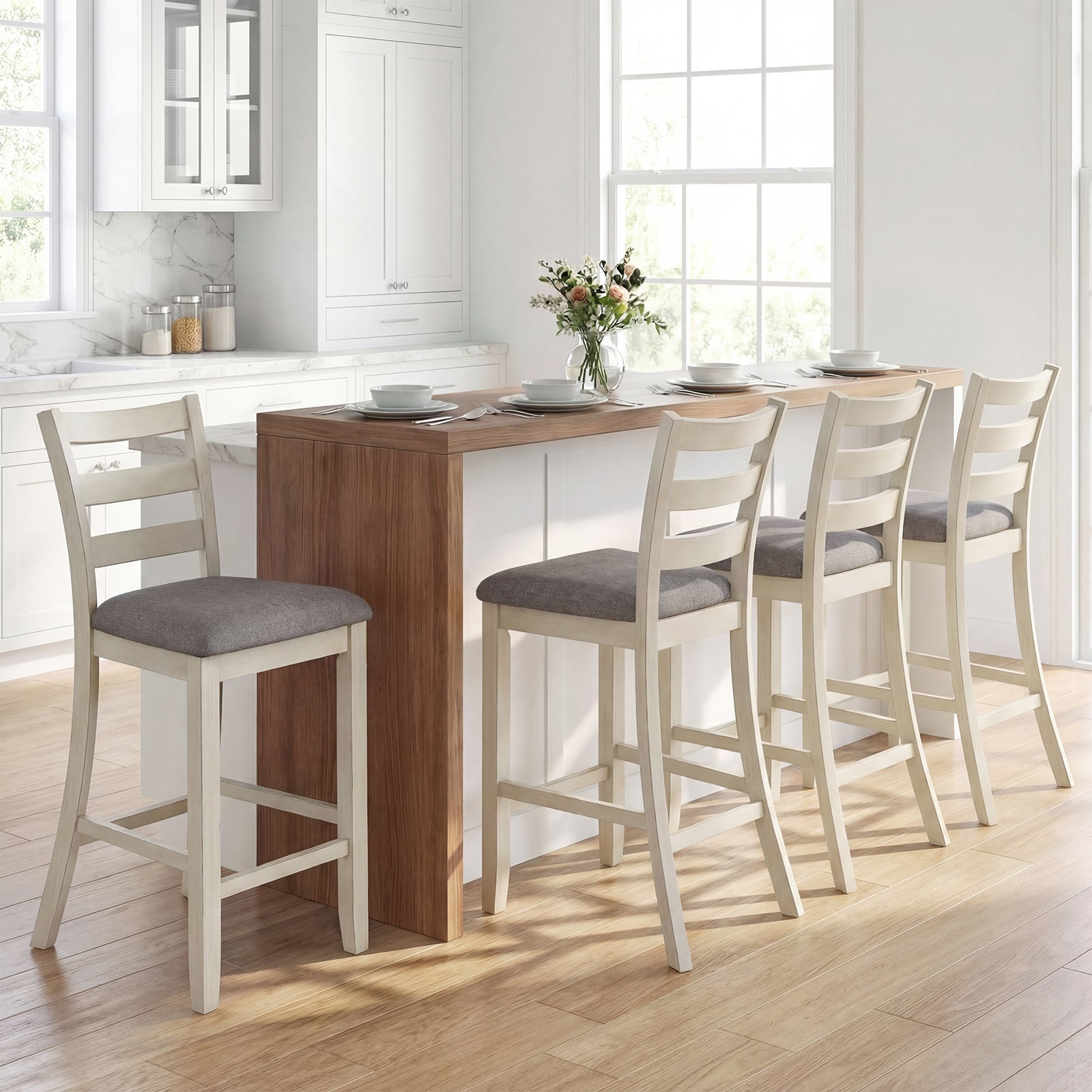 Counter Height Chairs with Fabric Seat and Rubber Wood Legs-Beige