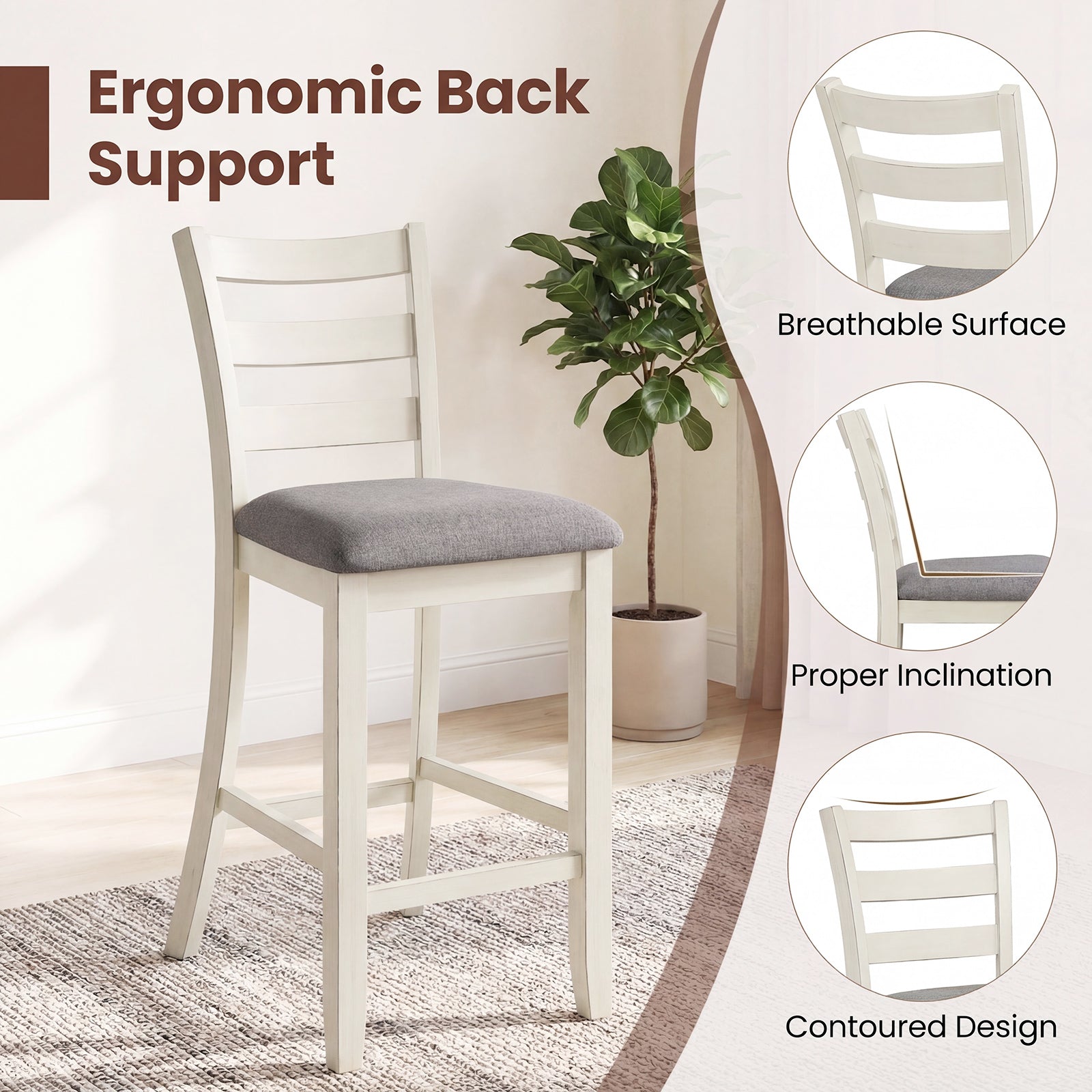 Counter Height Chairs with Fabric Seat and Rubber Wood Legs-Beige