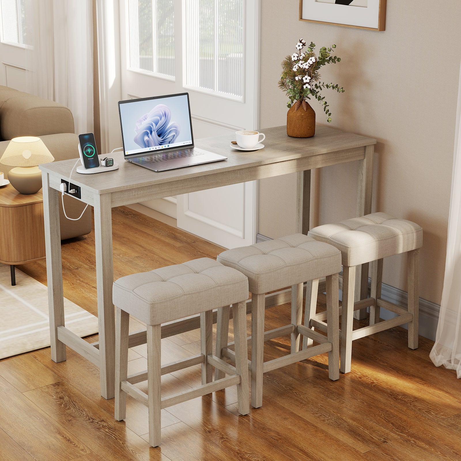 Counter Height Table with 3 Stools and 4-Piece Breakfast Nook Bar Set-Gray