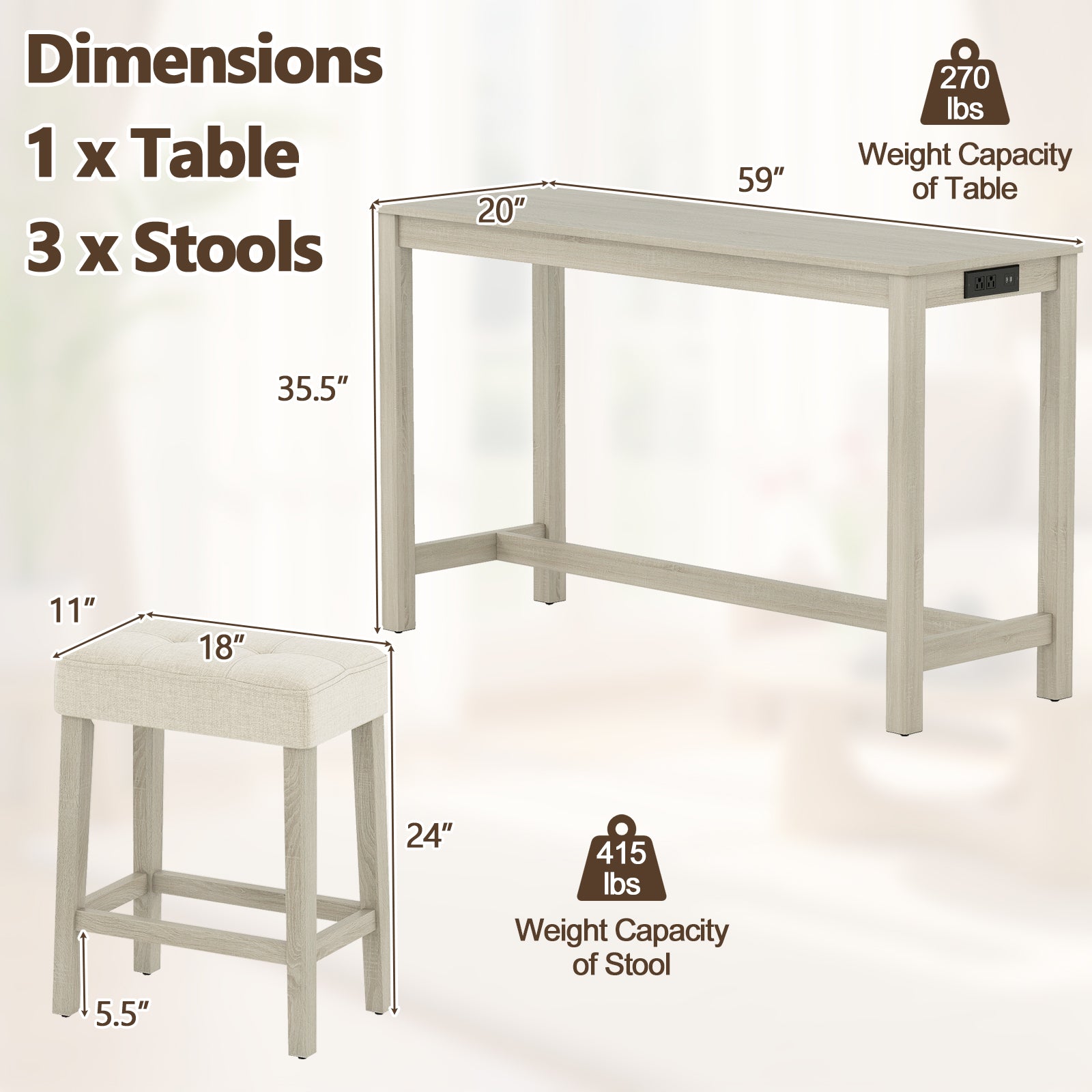 Counter Height Table with 3 Stools and 4-Piece Breakfast Nook Bar Set-Gray