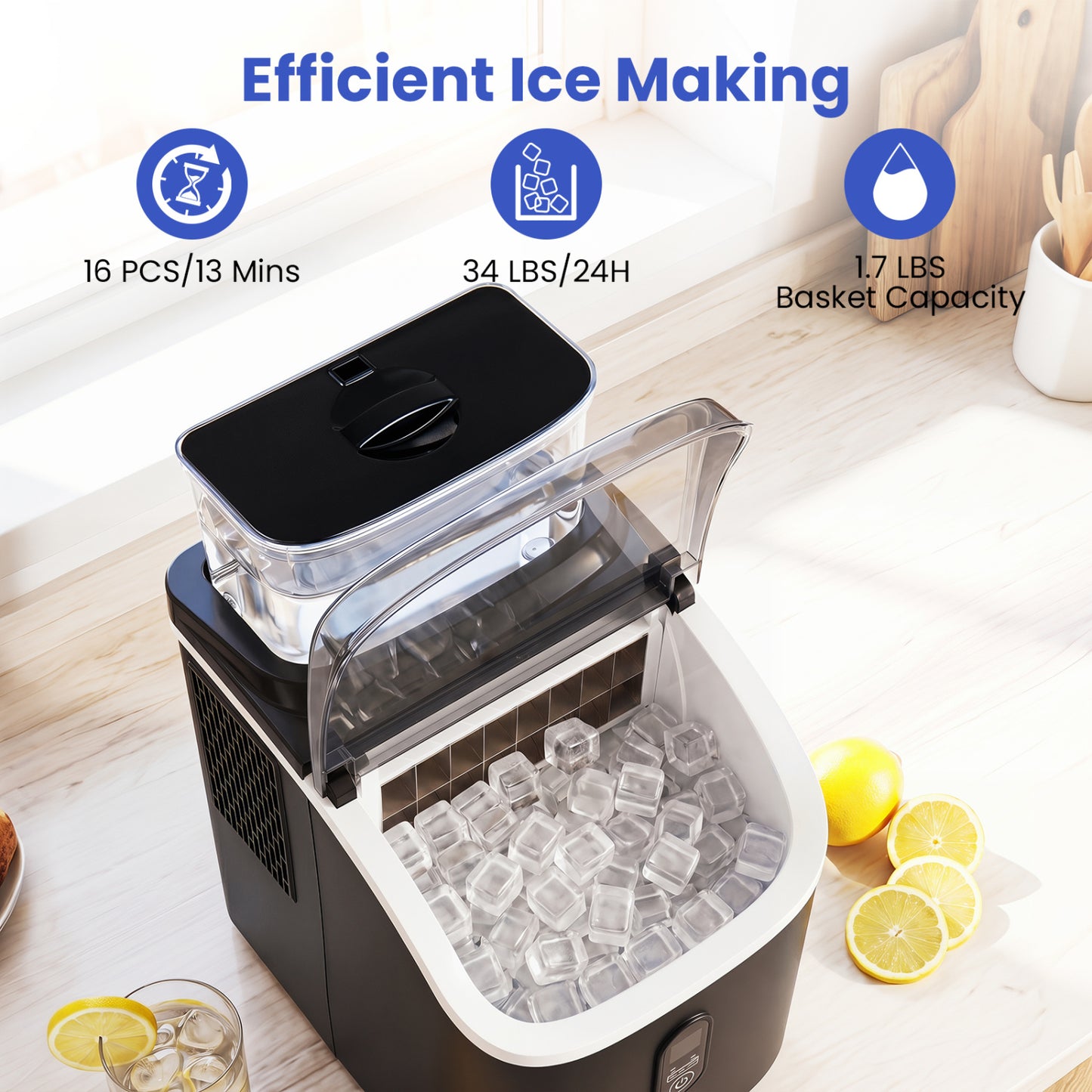 Countertop Ice Maker with External Tank and Self-Cleaning 13 Thickness Levels-Black