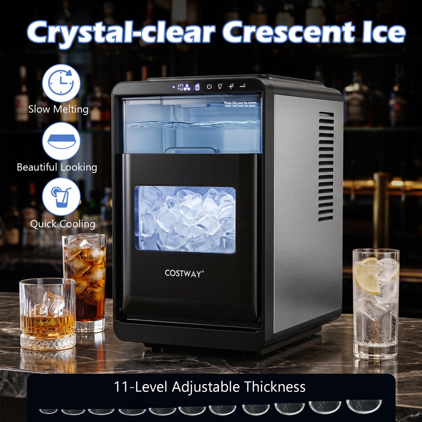 Crescent Ice Maker Countertop 26 Lbs/24H Ice Machine with 16 Crescent Cubes-Black