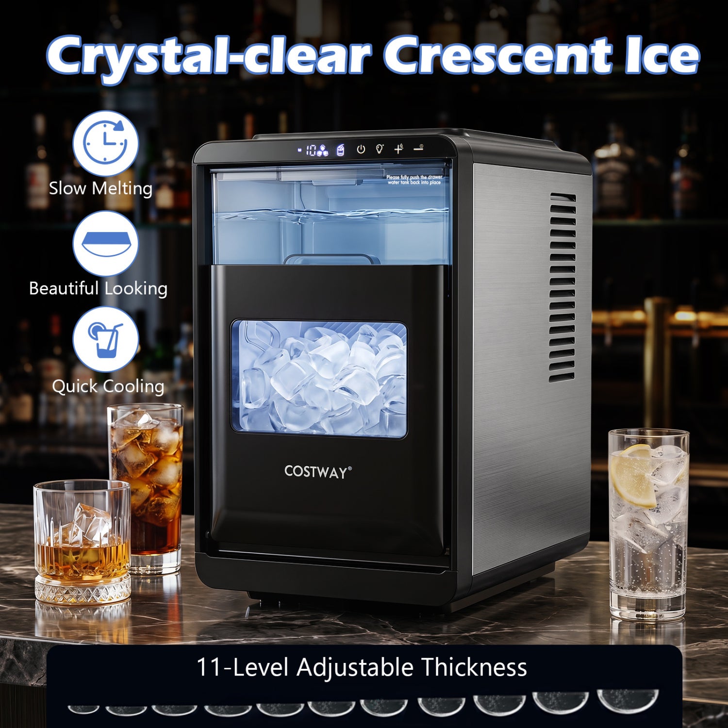 Crescent Ice Maker Countertop 26 Lbs/24H Ice Machine with 16 Crescent Cubes-Black