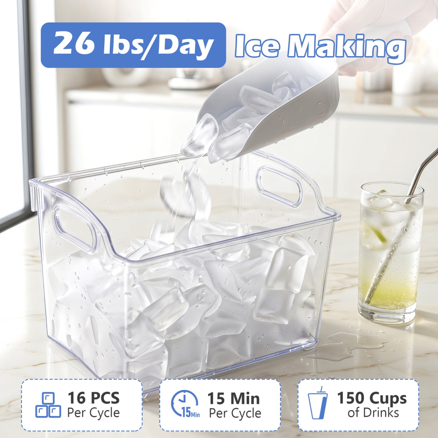 Crescent Ice Maker Countertop 26 Lbs/24H Ice Machine with 16 Crescent Cubes-Black