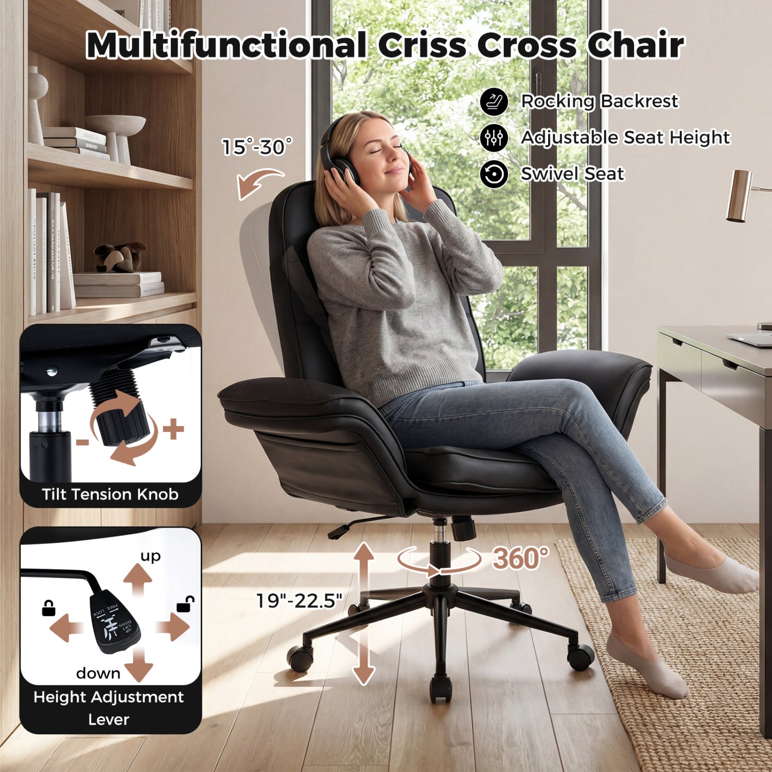 Criss Cross Chair Adjustable Swivel Vanity Chair with 5-Position Armrests-Black