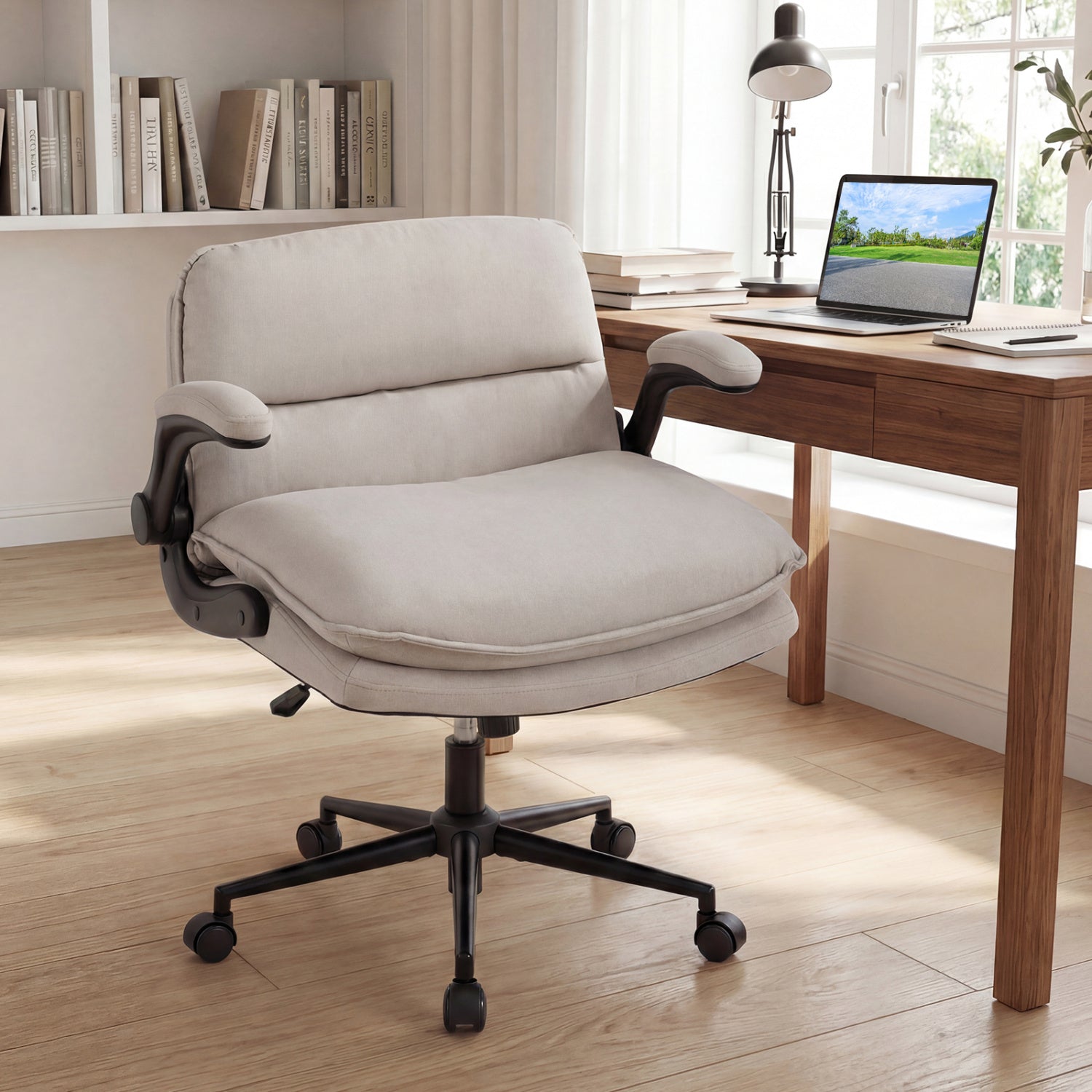 Criss Cross Chair on Wheels with Flip-up Arms Adjustable Height-Beige