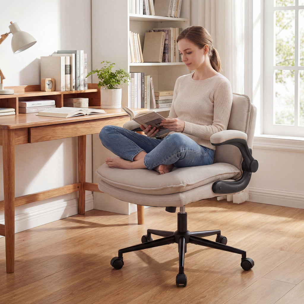 Criss Cross Chair on Wheels with Flip-up Arms Adjustable Height-Beige