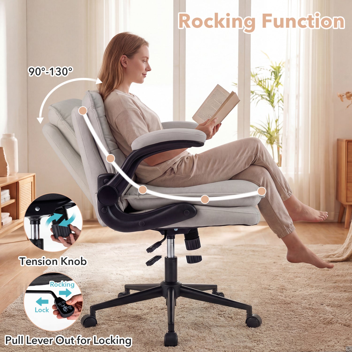 Criss Cross Chair on Wheels with Flip-up Arms Adjustable Height-Beige