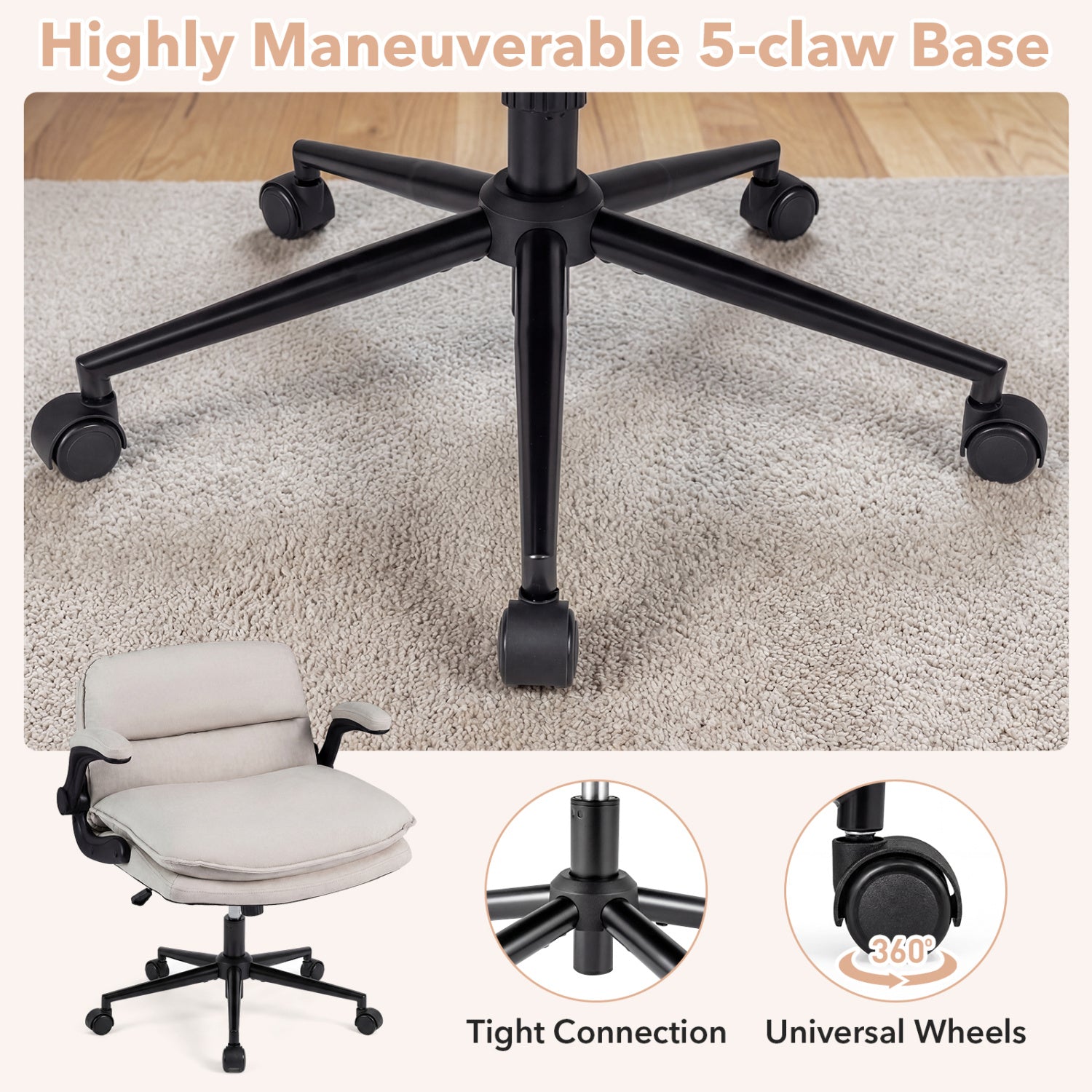 Criss Cross Chair on Wheels with Flip-up Arms Adjustable Height-Beige