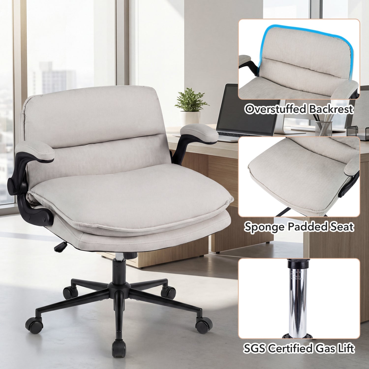 Criss Cross Chair on Wheels with Flip-up Arms Adjustable Height-Beige