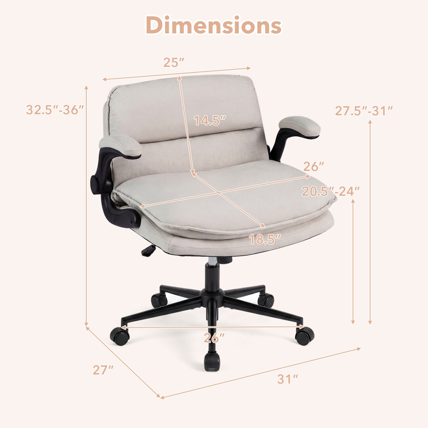 Criss Cross Chair on Wheels with Flip-up Arms Adjustable Height-Beige