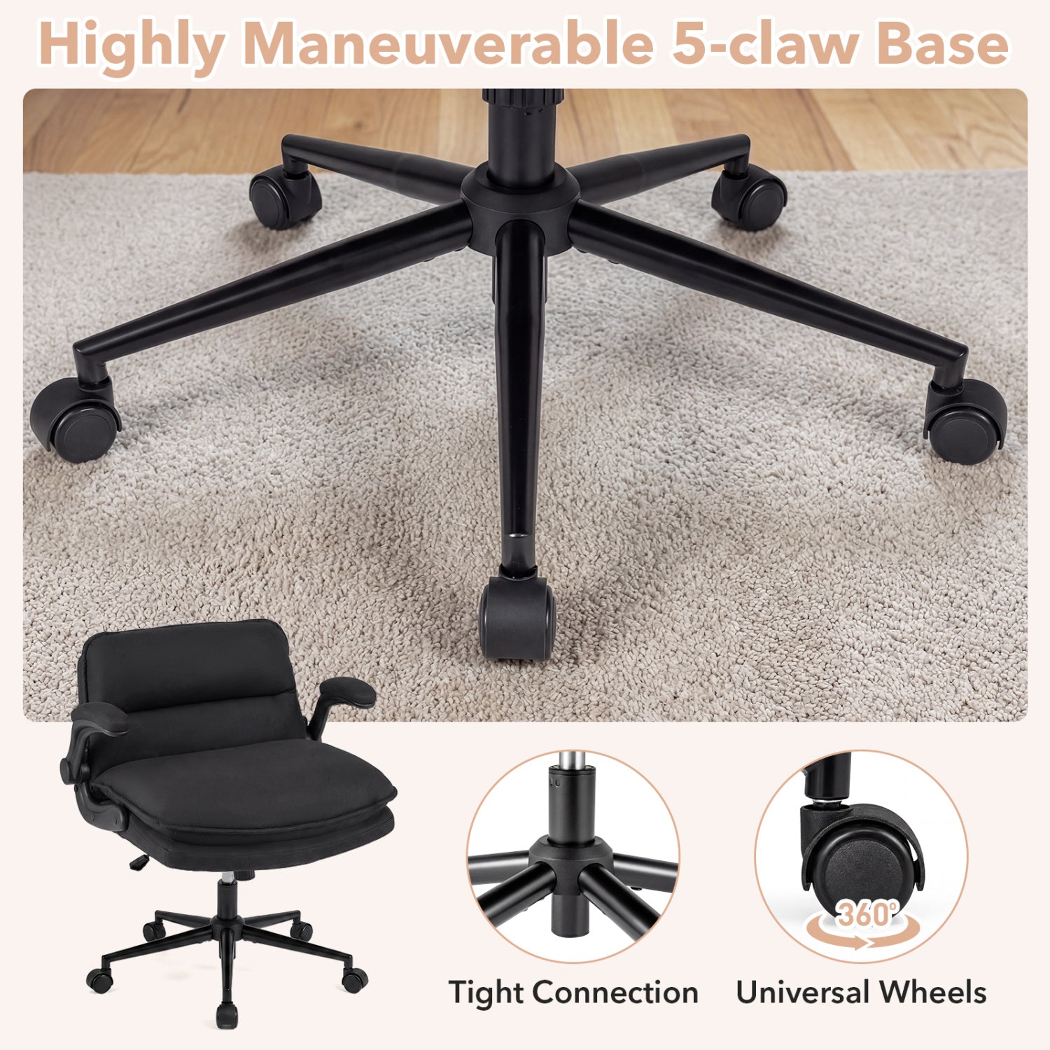 Criss Cross Chair on Wheels with Flip-up Arms Adjustable Height-Gray