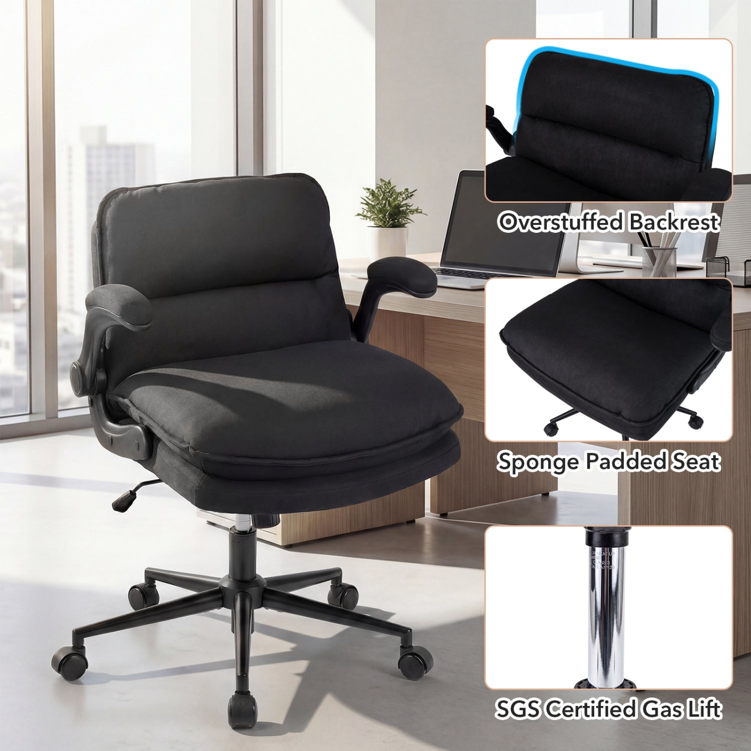 Criss Cross Chair on Wheels with Flip-up Arms Adjustable Height-Gray