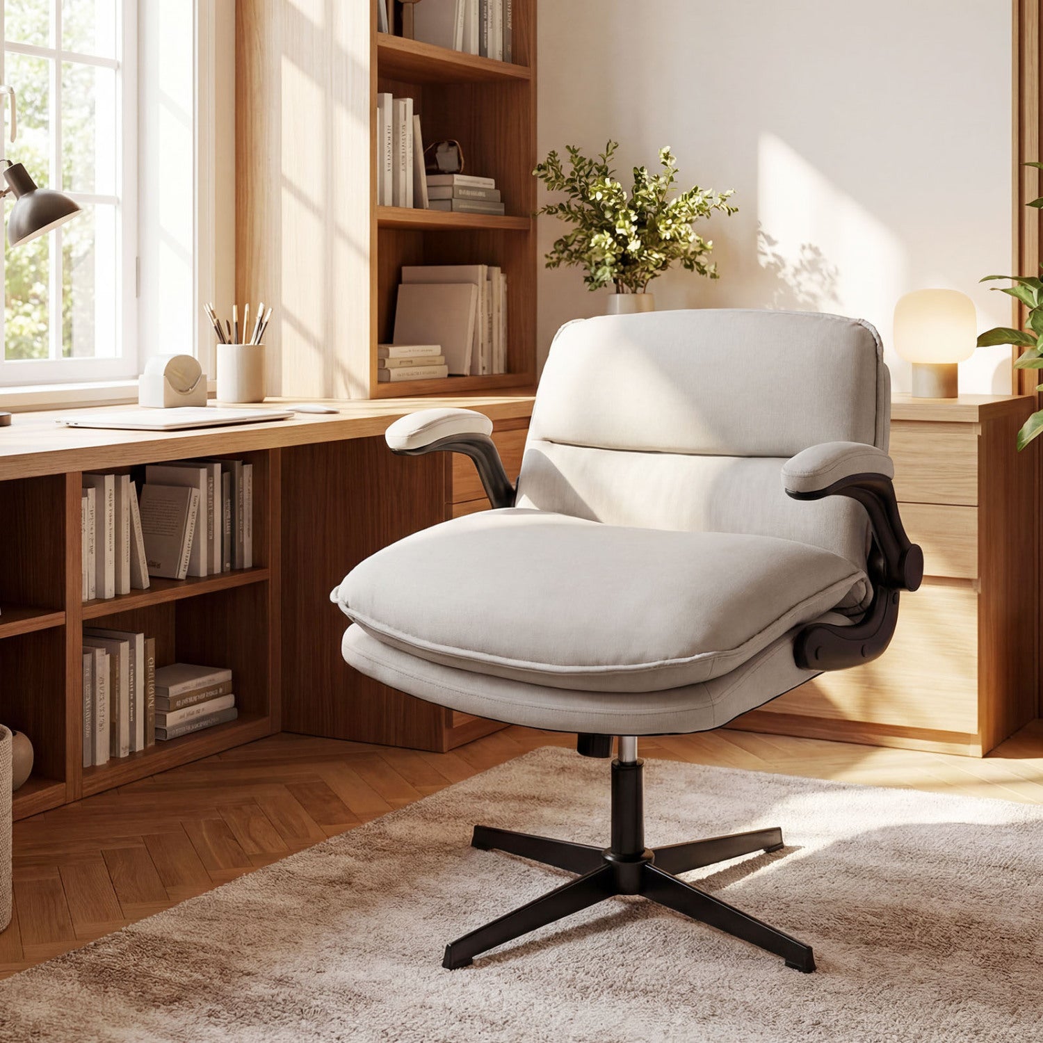 Criss Cross Chair with Flip-up Arms Ergonomic Office Desk Chair with Adjustable Height Wide Backrest Padded Seat-Beige