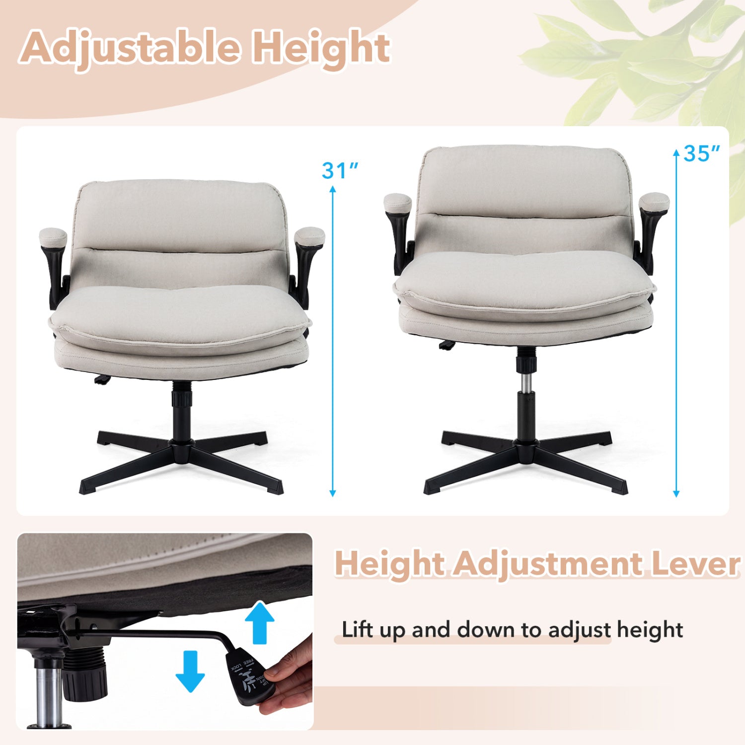 Criss Cross Chair with Flip-up Arms Ergonomic Office Desk Chair with Adjustable Height Wide Backrest Padded Seat-Beige