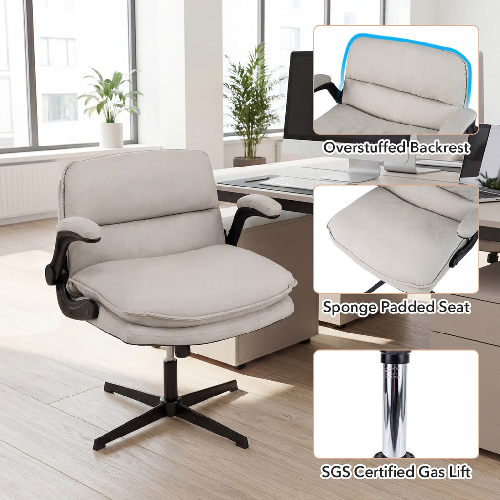 Criss Cross Chair with Flip-up Arms Ergonomic Office Desk Chair with Adjustable Height Wide Backrest Padded Seat-Beige