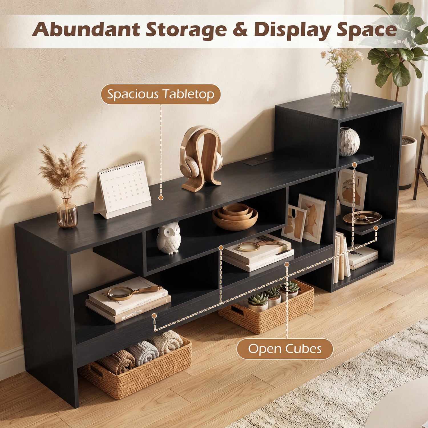 Cube TV Stand for 55 Inch TV with Power Outlets and Open Storage Shelves-Black