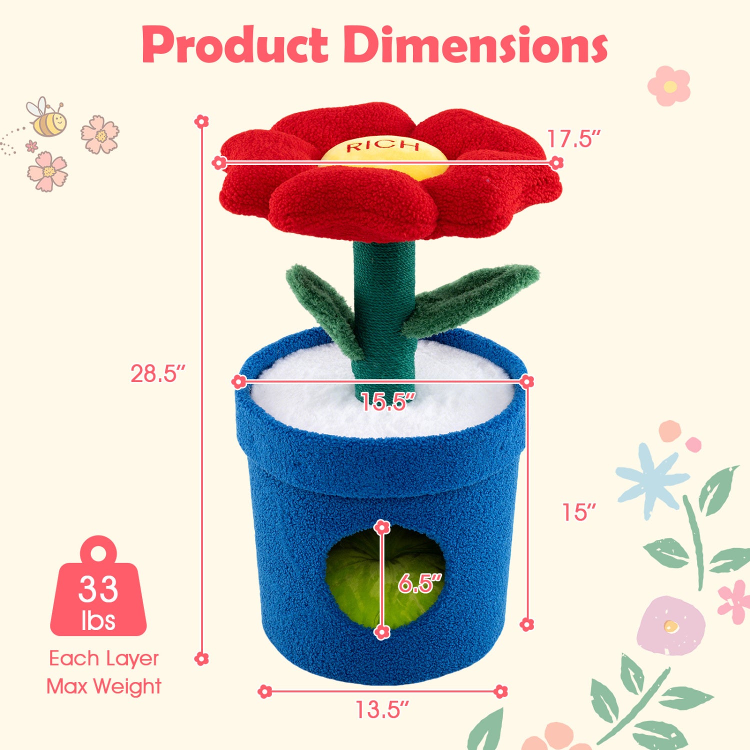 Cute Cat Tree with Flower Padded Perch for Indoor Cats-Red