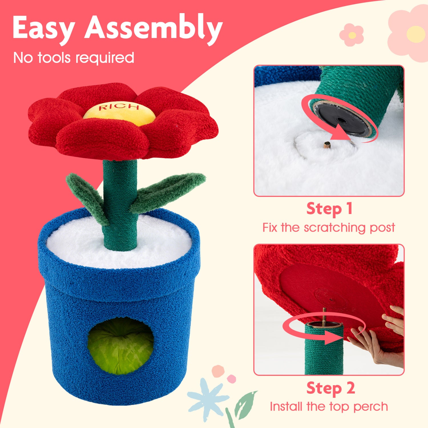 Cute Cat Tree with Flower Padded Perch for Indoor Cats-Red