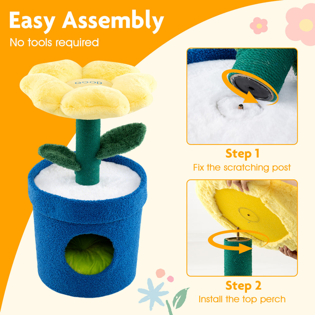 Cute Cat Tree with Flower Padded Perch for Indoor Cats-Yellow