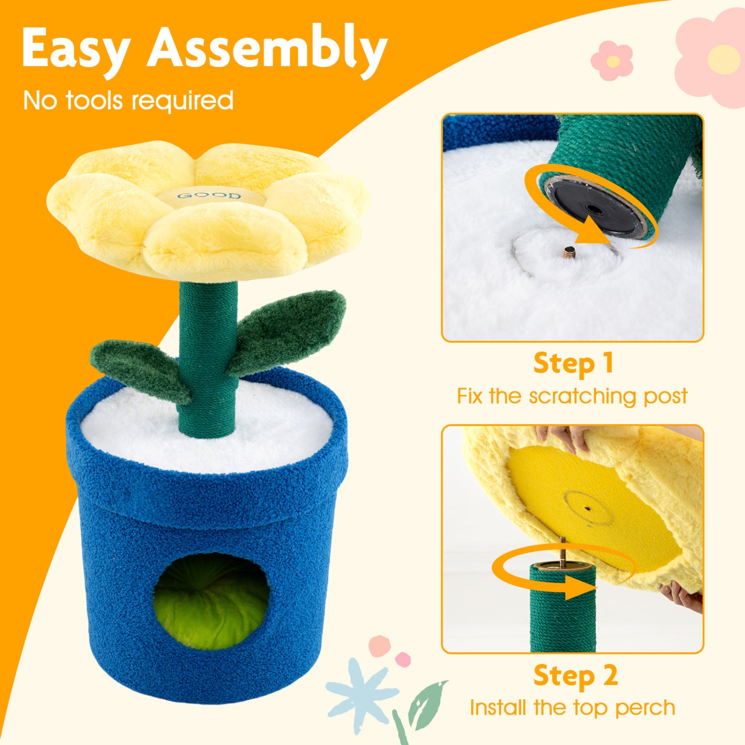 Cute Cat Tree with Flower Padded Perch for Indoor Cats-Yellow