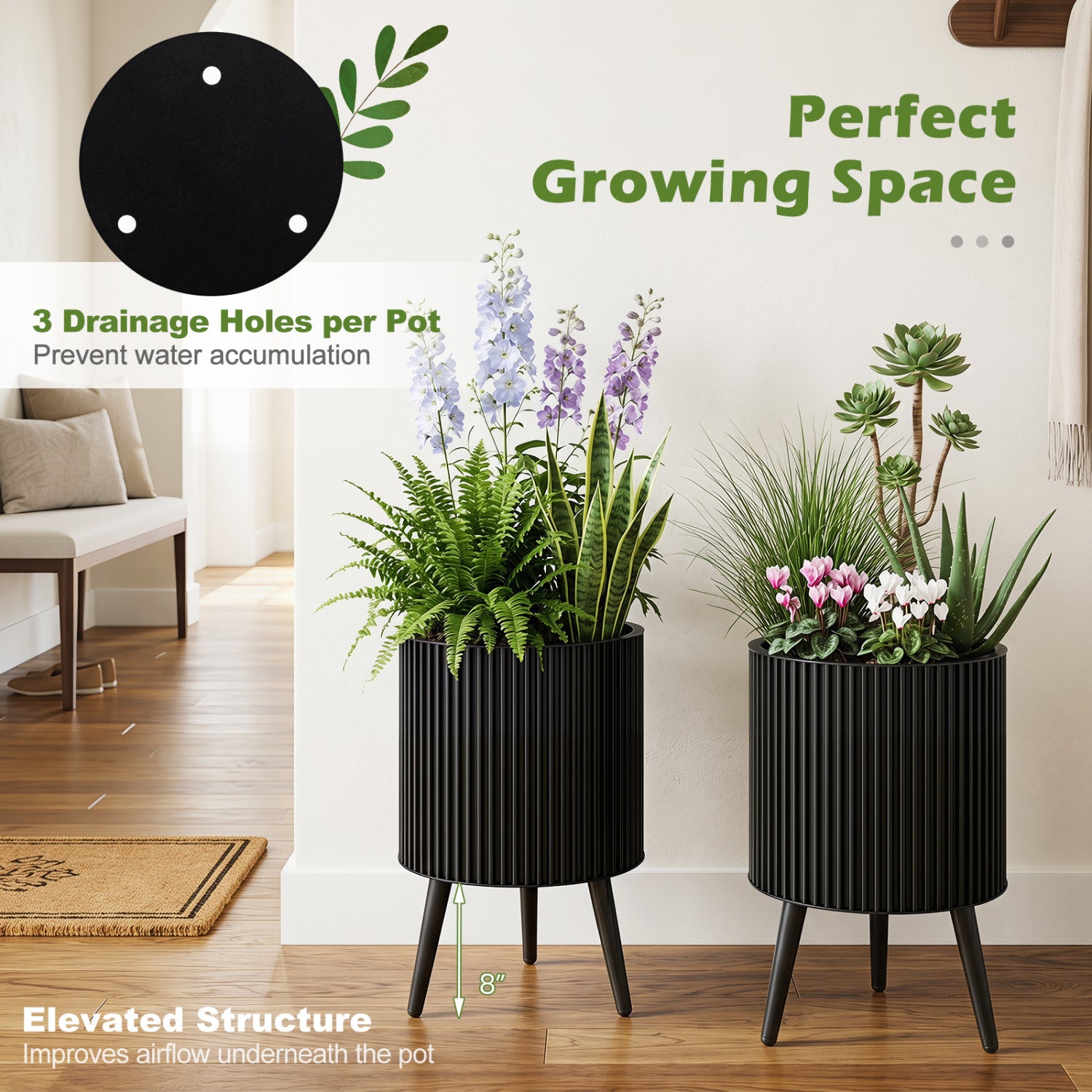 Decorative Flower Pots with Stand and Drainage Holes Set of 2-S