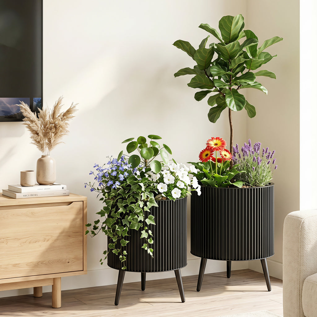Decorative Flower Pots with Stand and Drainage Holes Set of 2-L