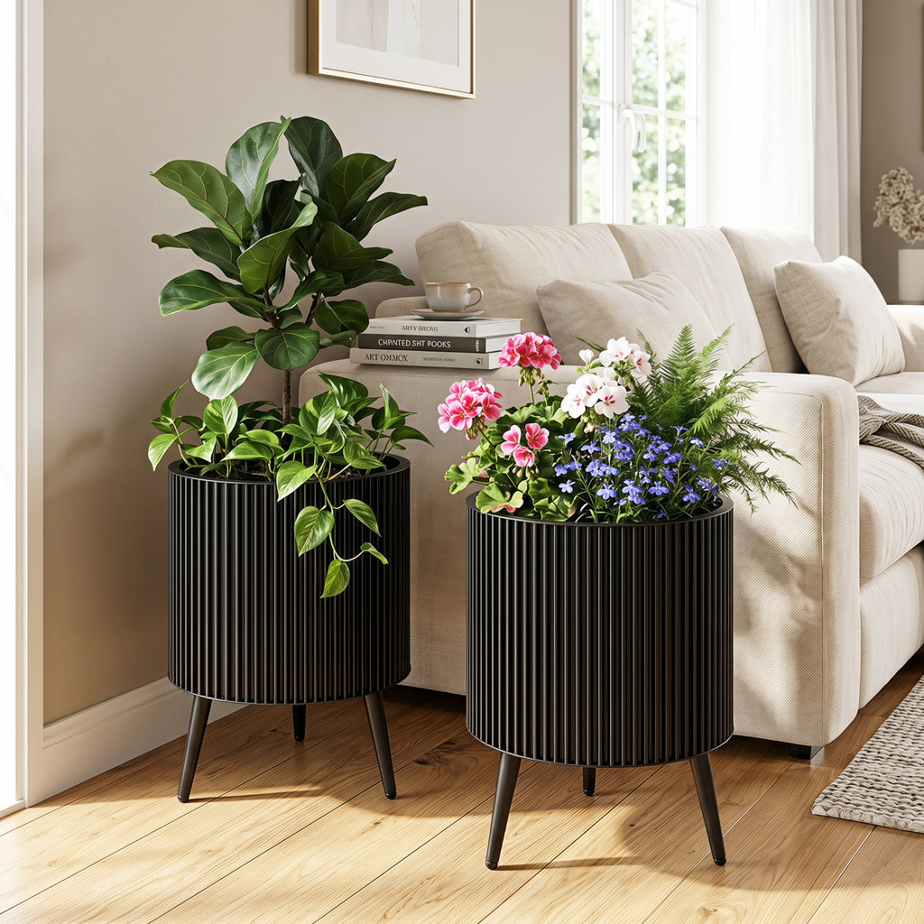 Decorative Flower Pots with Stand and Drainage Holes Set of 2-L