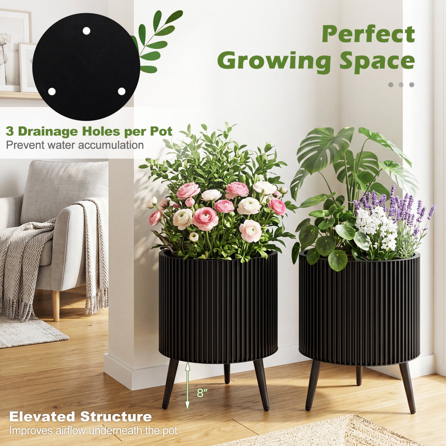 Decorative Flower Pots with Stand and Drainage Holes Set of 2-L