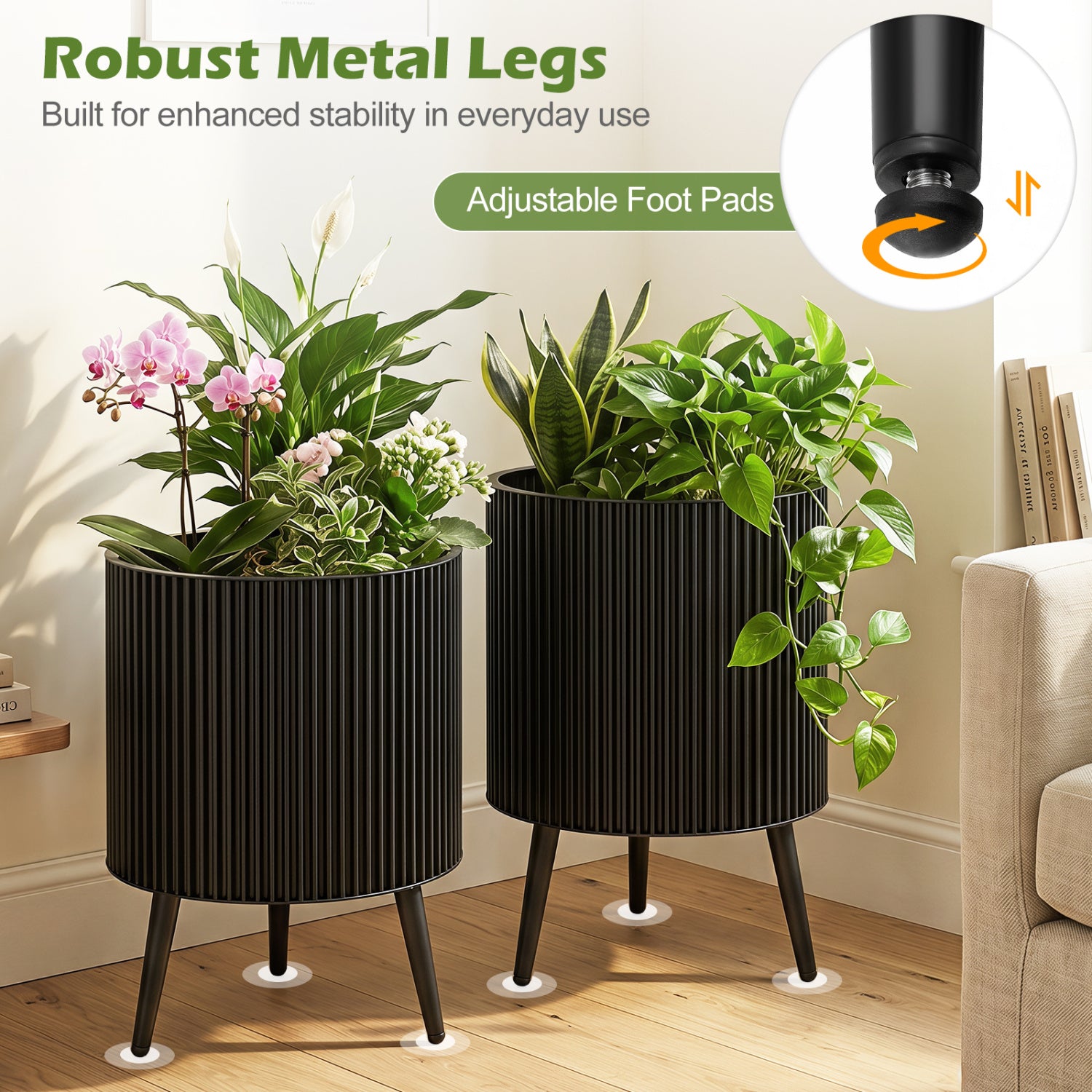Decorative Flower Pots with Stand and Drainage Holes Set of 2-L