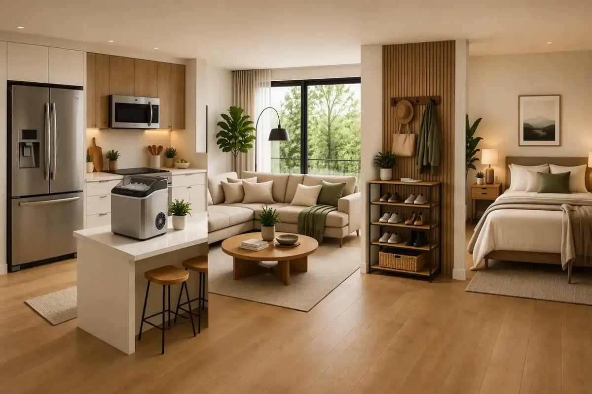 A modern, open-plan studio apartment interior featuring a kitchen island with a countertop appliance, a living area with a beige sofa, a bed, and light wood flooring.