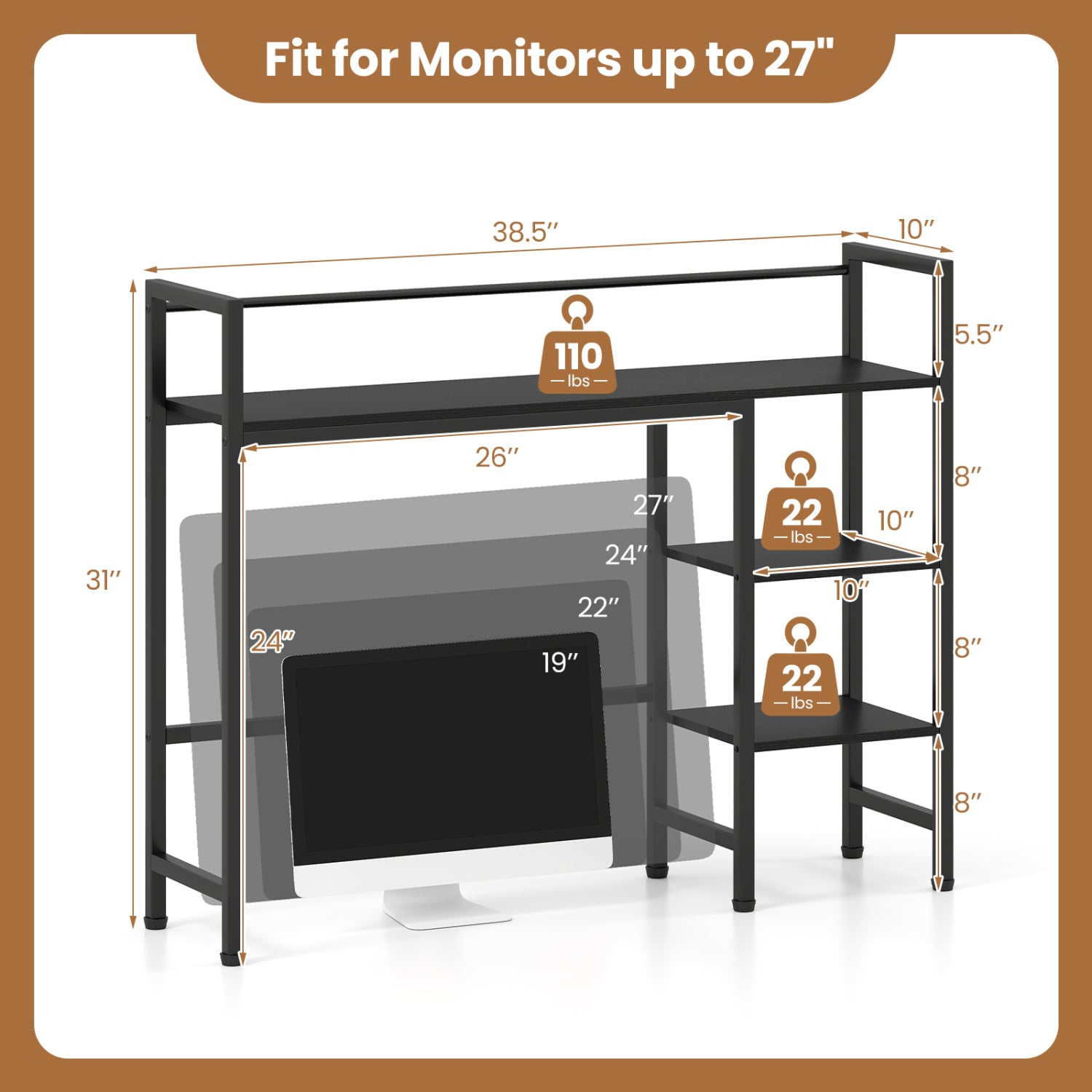 Desktop Bookshelf 38.5" W with Storage Display Rack for Home Office-Black