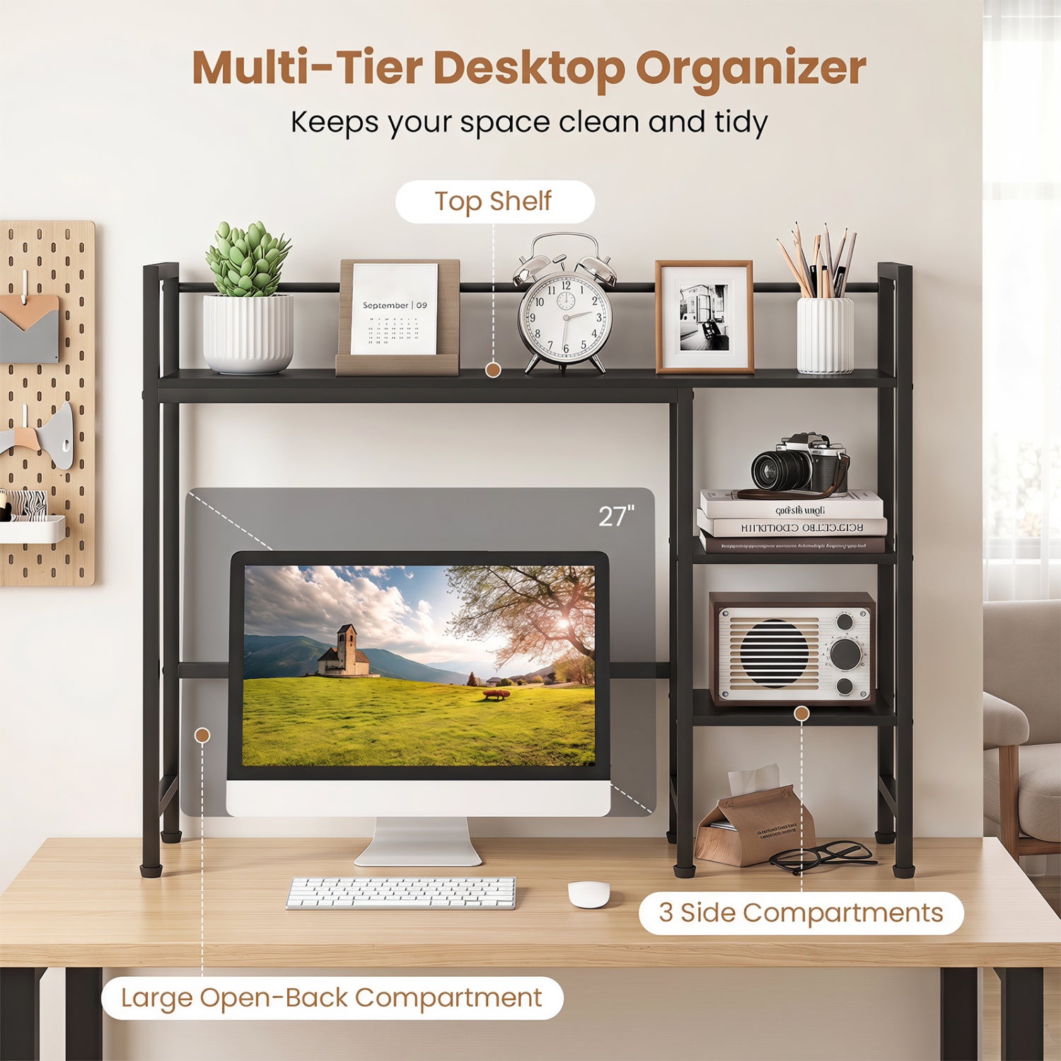 Desktop Bookshelf 38.5" W with Storage Display Rack for Home Office-Black