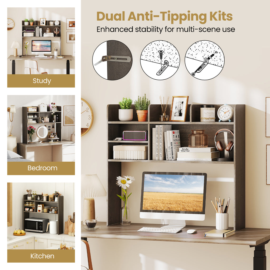 Desktop Bookshelf Countertop Storage Hutch with 6 Shelves-Oak