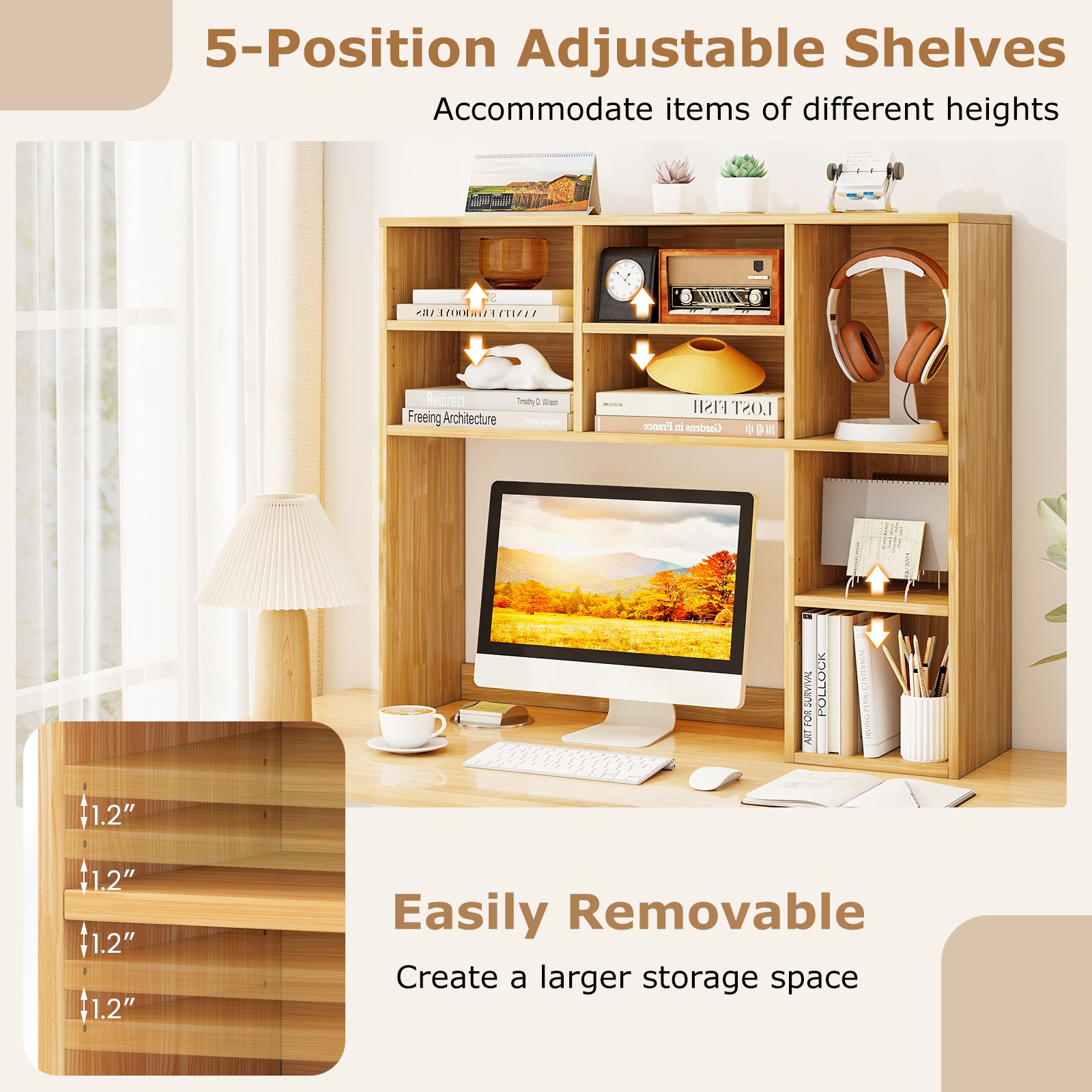 Desktop Bookshelf with 7 Open Cubbies and 3 Adjustable Shelves-Yellow