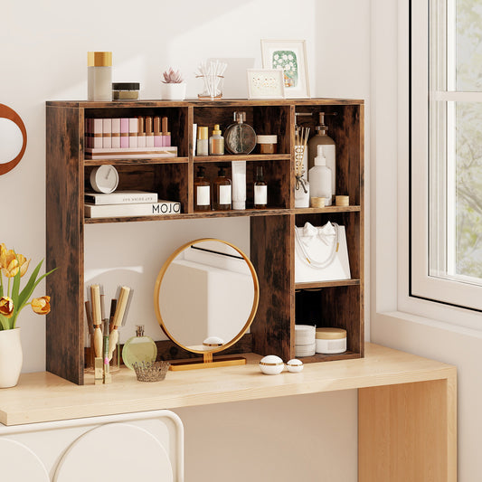 Desktop Bookshelf with 7 Open Cubbies and 3 Adjustable Shelves-Brown