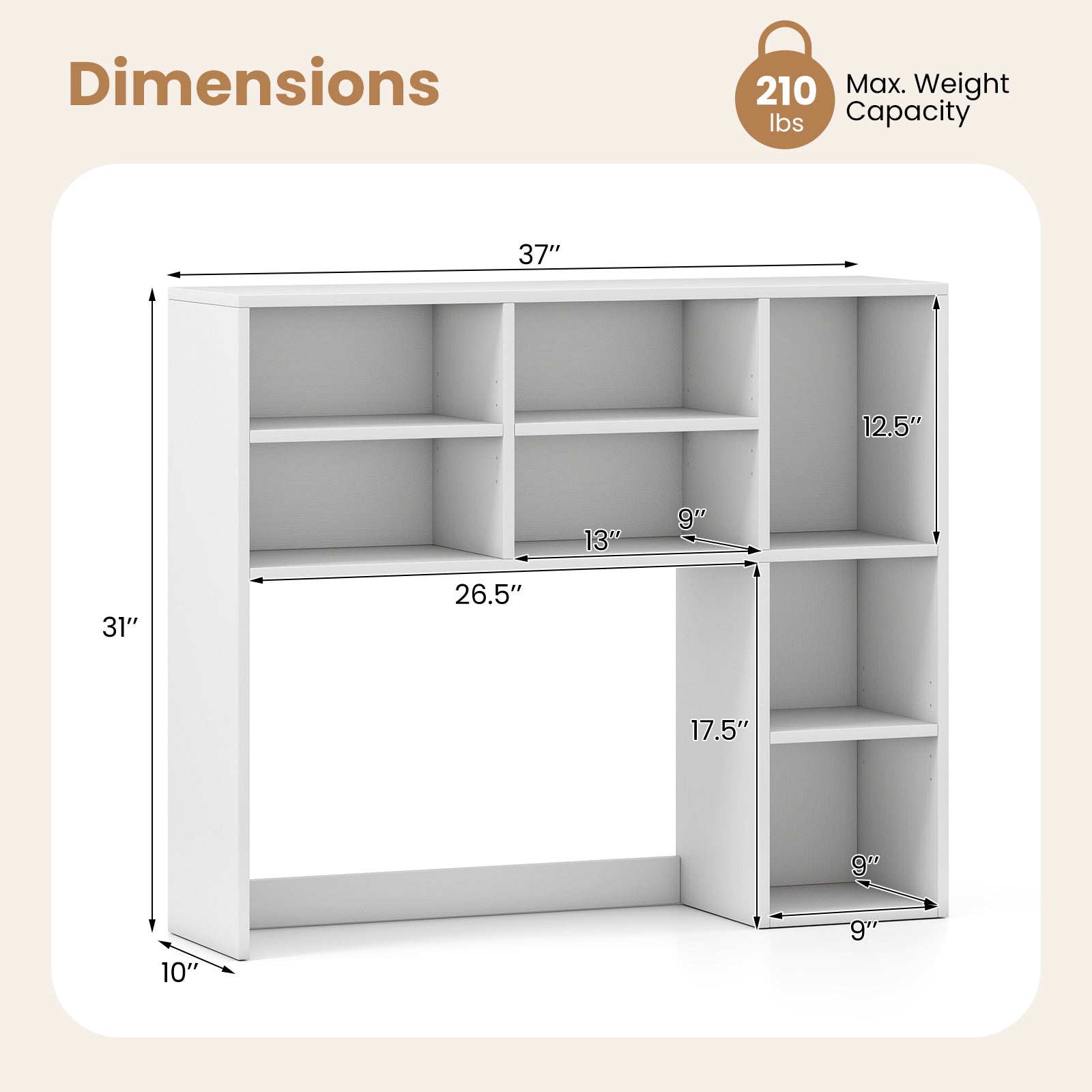 Desktop Bookshelf with 7 Open Cubbies and 3 Adjustable Shelves-White